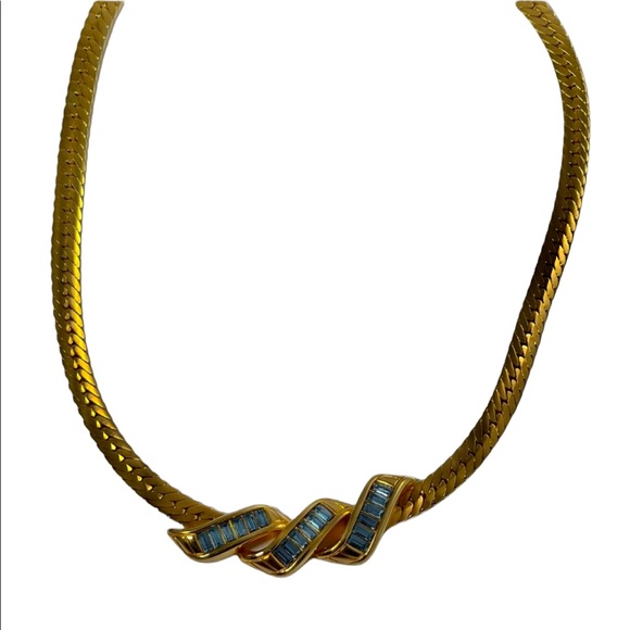 Vintage 1980s Swarovski authentic (SAL) blue Crystal gold choker necklace - Picture 1 of 8